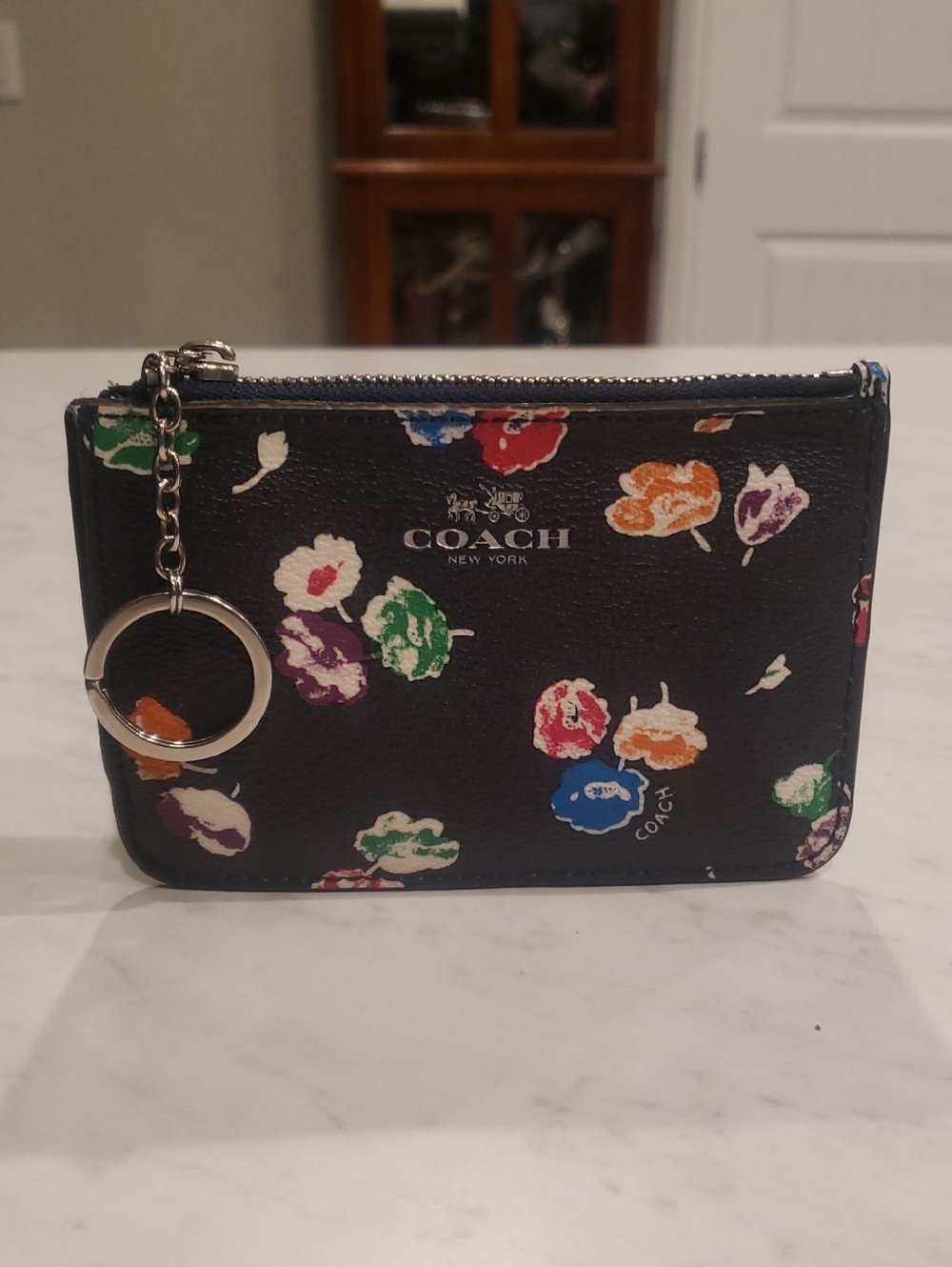 Coach Black Floral Zip Card Case Keyring
